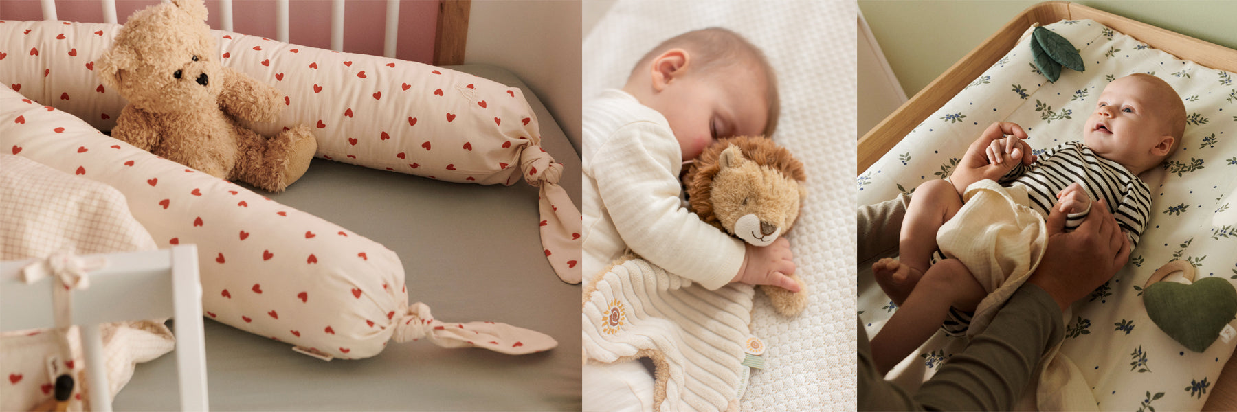Babybedarf von Dear April und Little Dutch mit Bettschlange, Teddy Bär und Wickelkissen.
