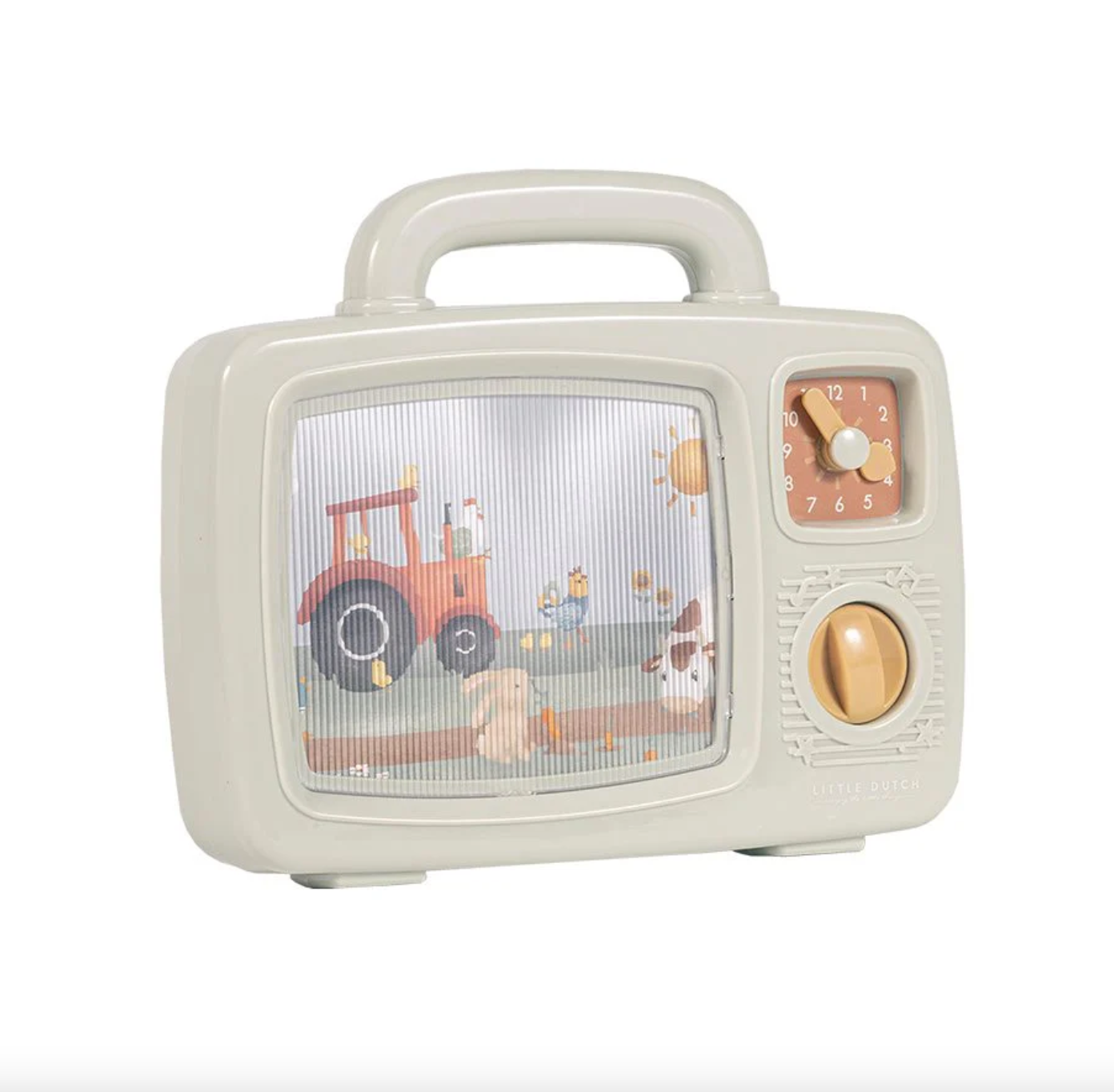 Little Dutch Farm Musical TV Musikbox mit bewegten Bauernhoftieren und Drehknopf im Retro-Design.
