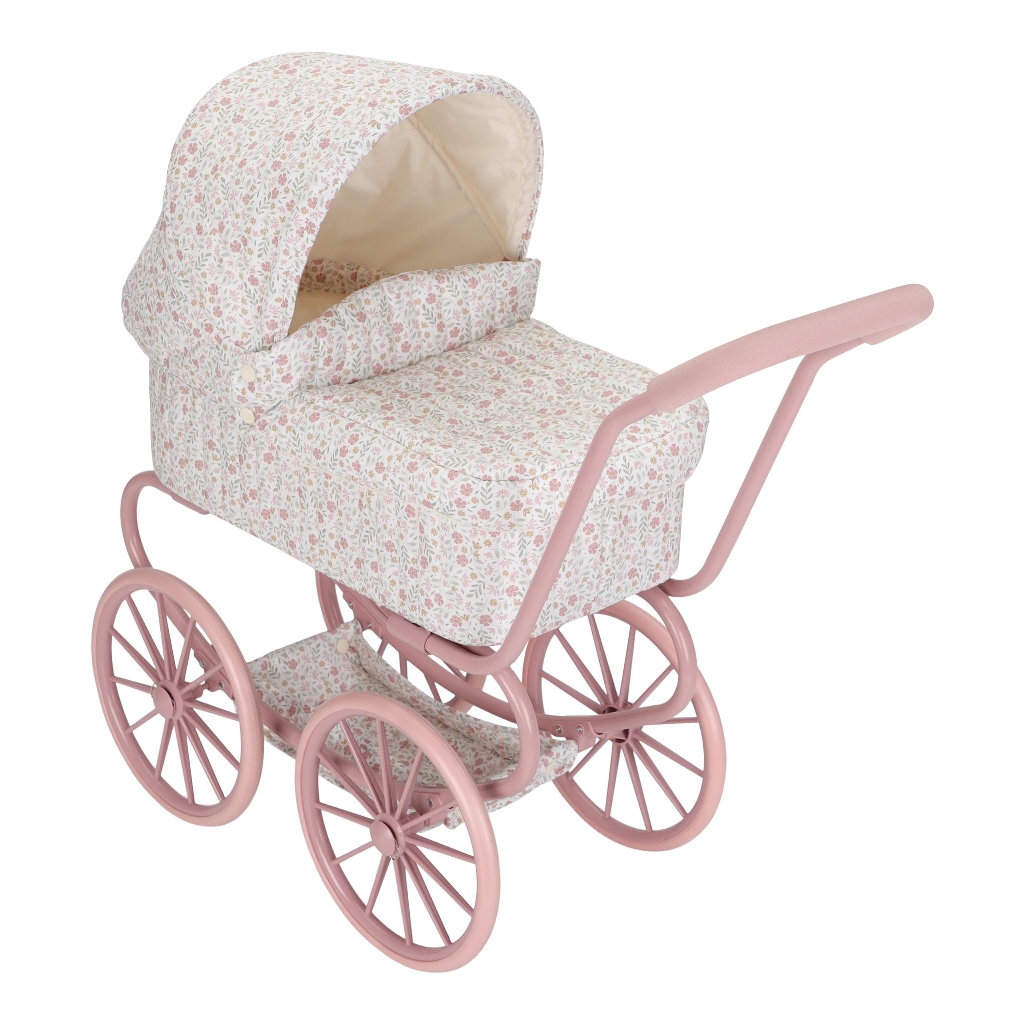 Little Dutch Vintage Puppenwagen aus Metall in Rosa mit großen Rädern und Stoffverdeck für Puppen.
