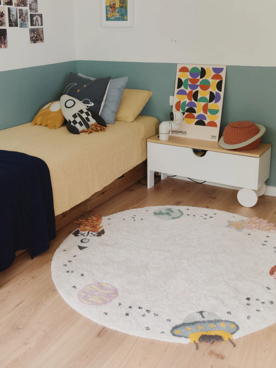 Kinderteppich mit Planeten und Raketen aus Baumwolle