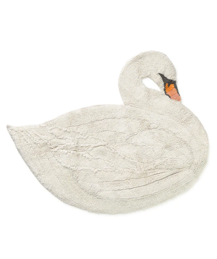 Lorena Canals nachhaltiger und waschbarer Baumwollteppich Schwan für das Kinderzimmer.