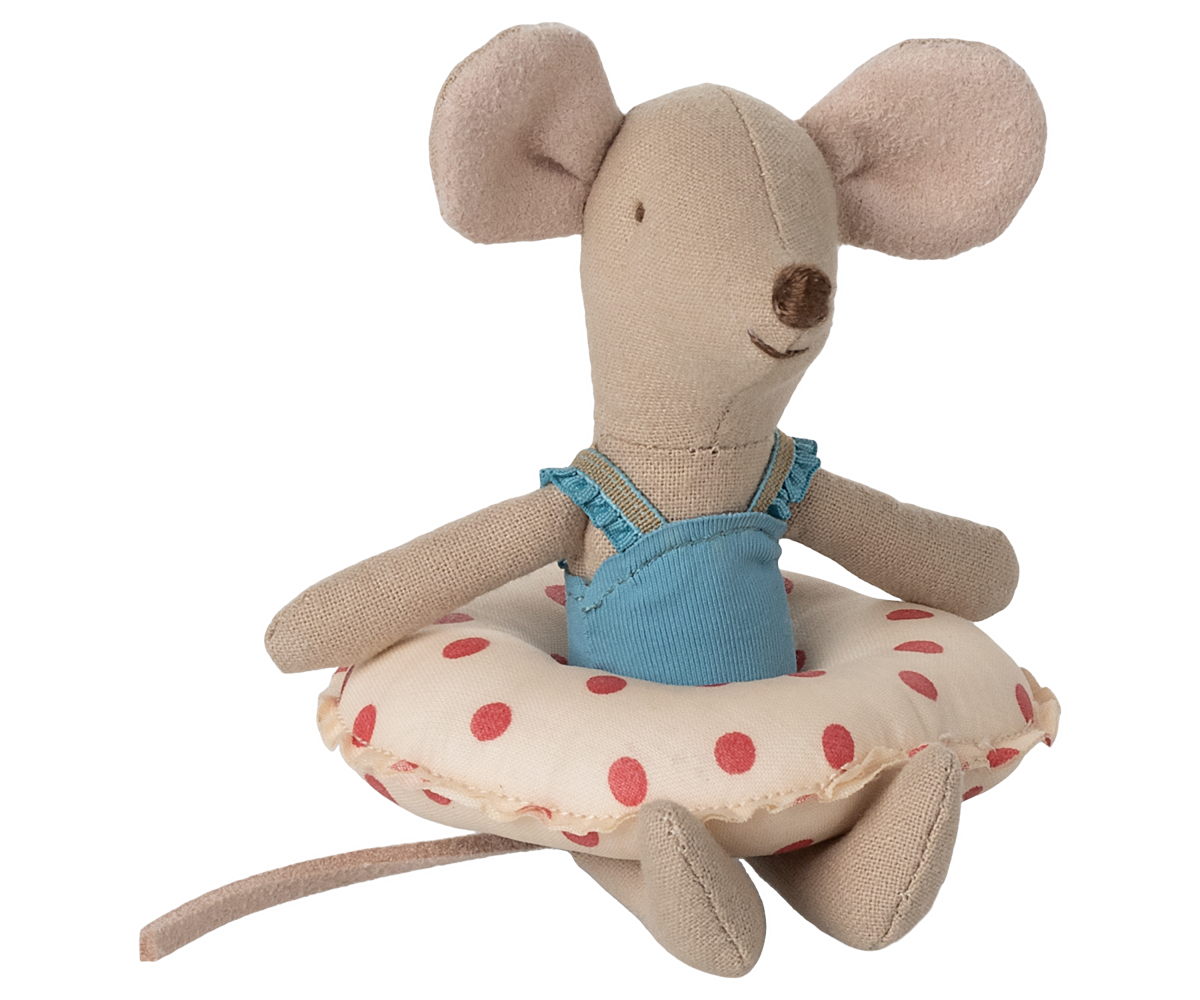 Maileg-Beach mouse-little-sister-with-float-red-dot-17-5102-01