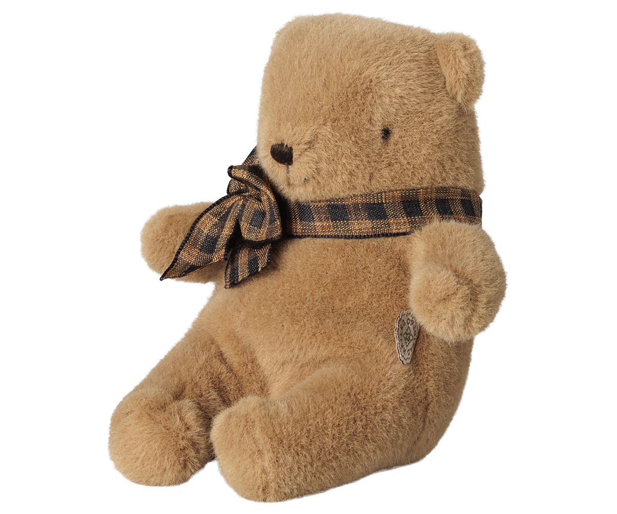 Maileg Mini Teddybär in Pilzbraun mit karierter Schleife