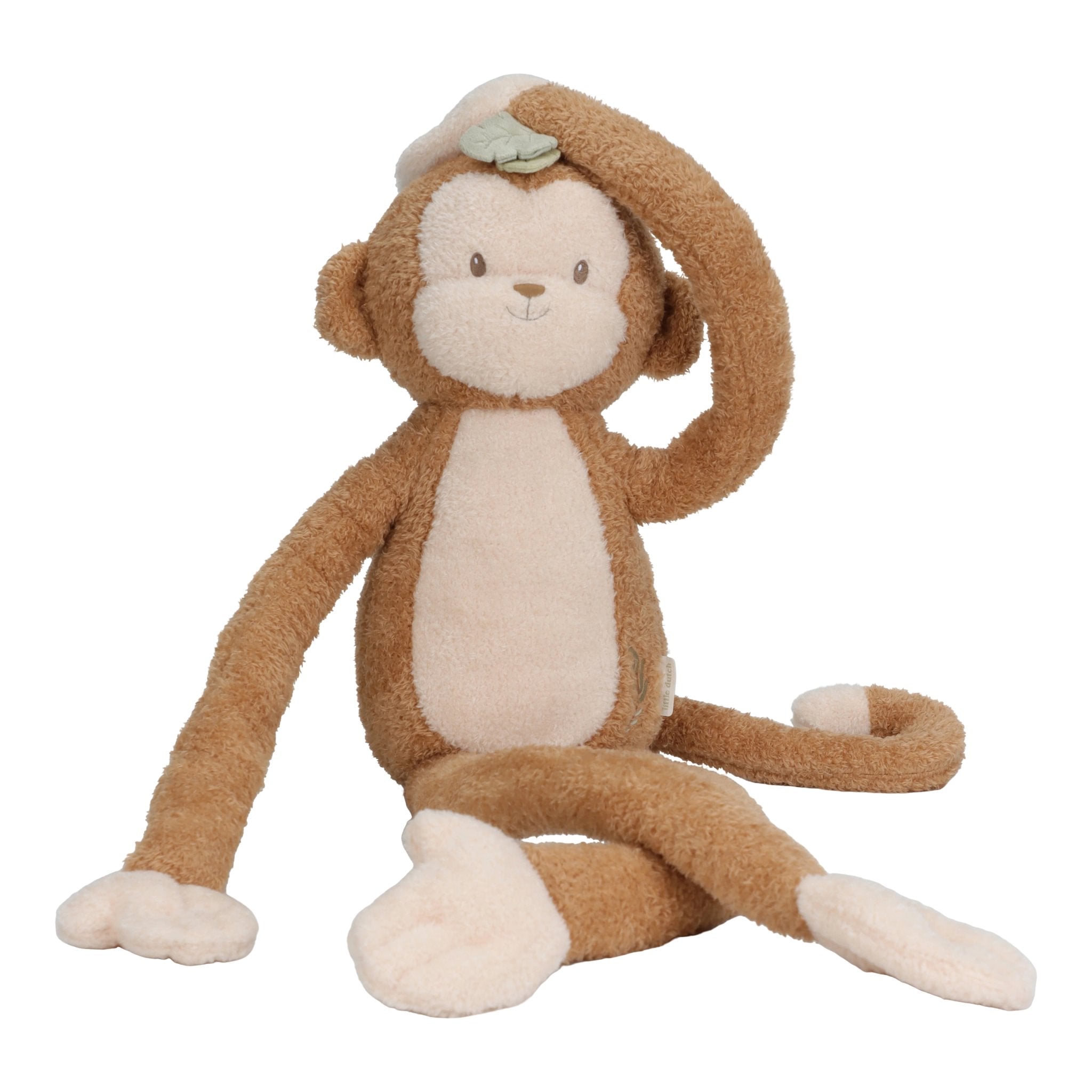 Kuschelkuschelaffe XL Braun von Little Dutch mit weichem Rippstoff sitzend