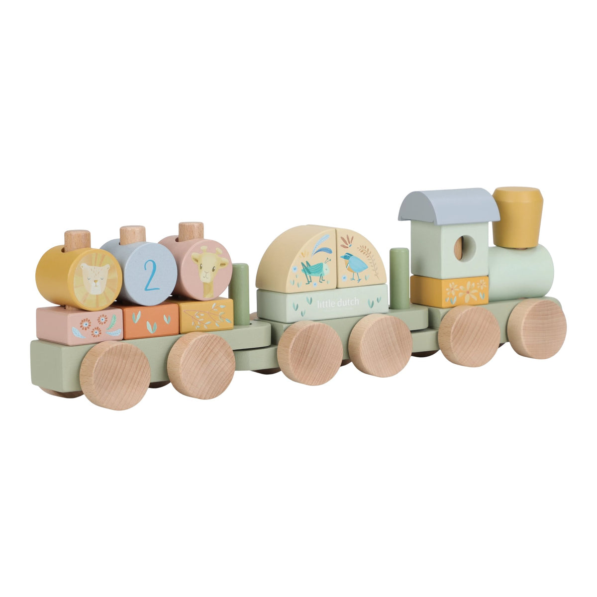 Detail des Holzblockzugs Safari Friends von Little Dutch mit liebevoll gestalteten Holzklötzen
