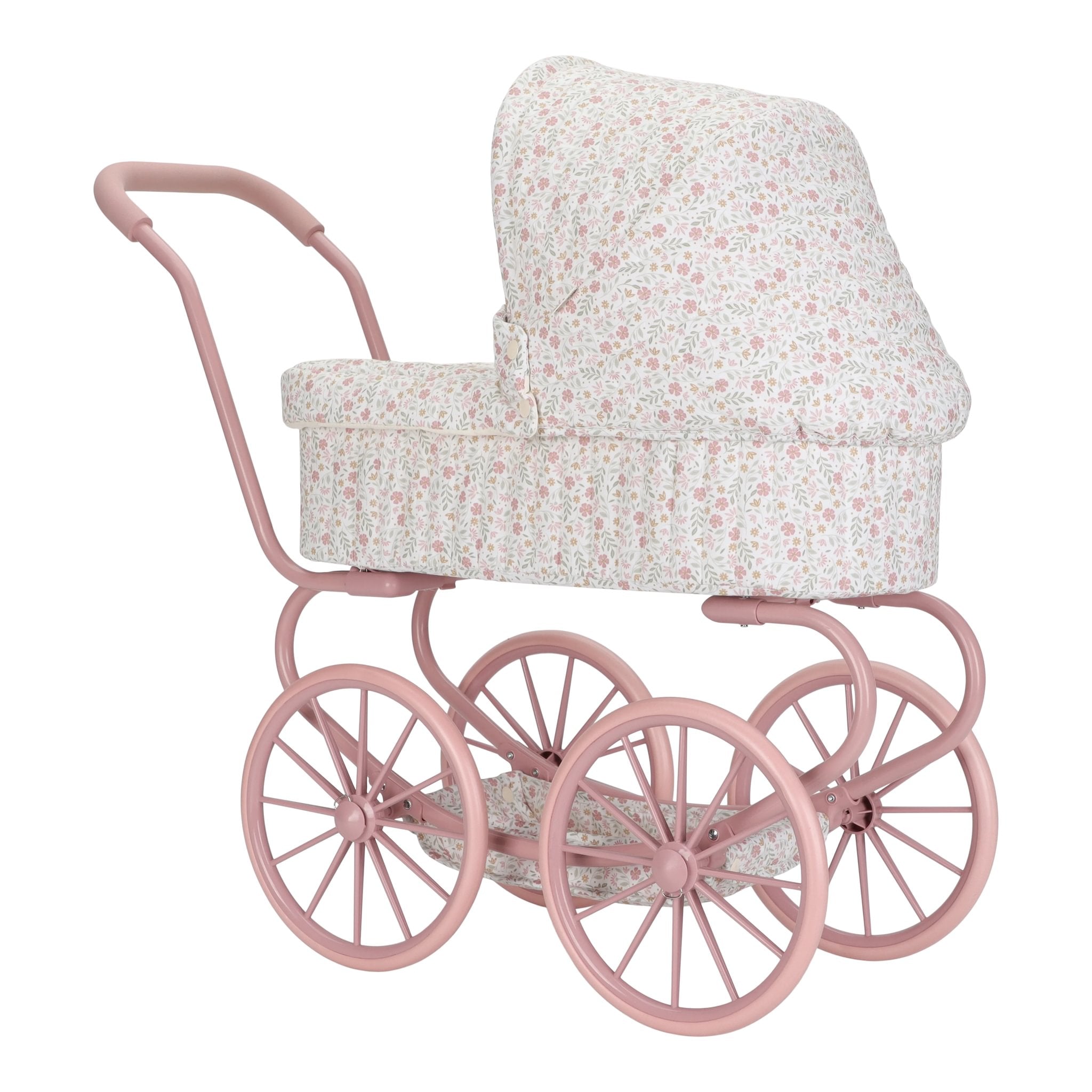 Rosa Puppenwagen im Vintage-Stil mit Aufbewahrungskorb und weichen Griffen, Little Dutch Spielzeug.