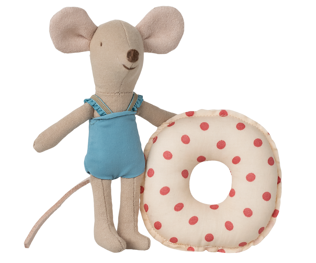 Maileg-Beach mouse-little-sister-with-float-red-dot-17-5102-01