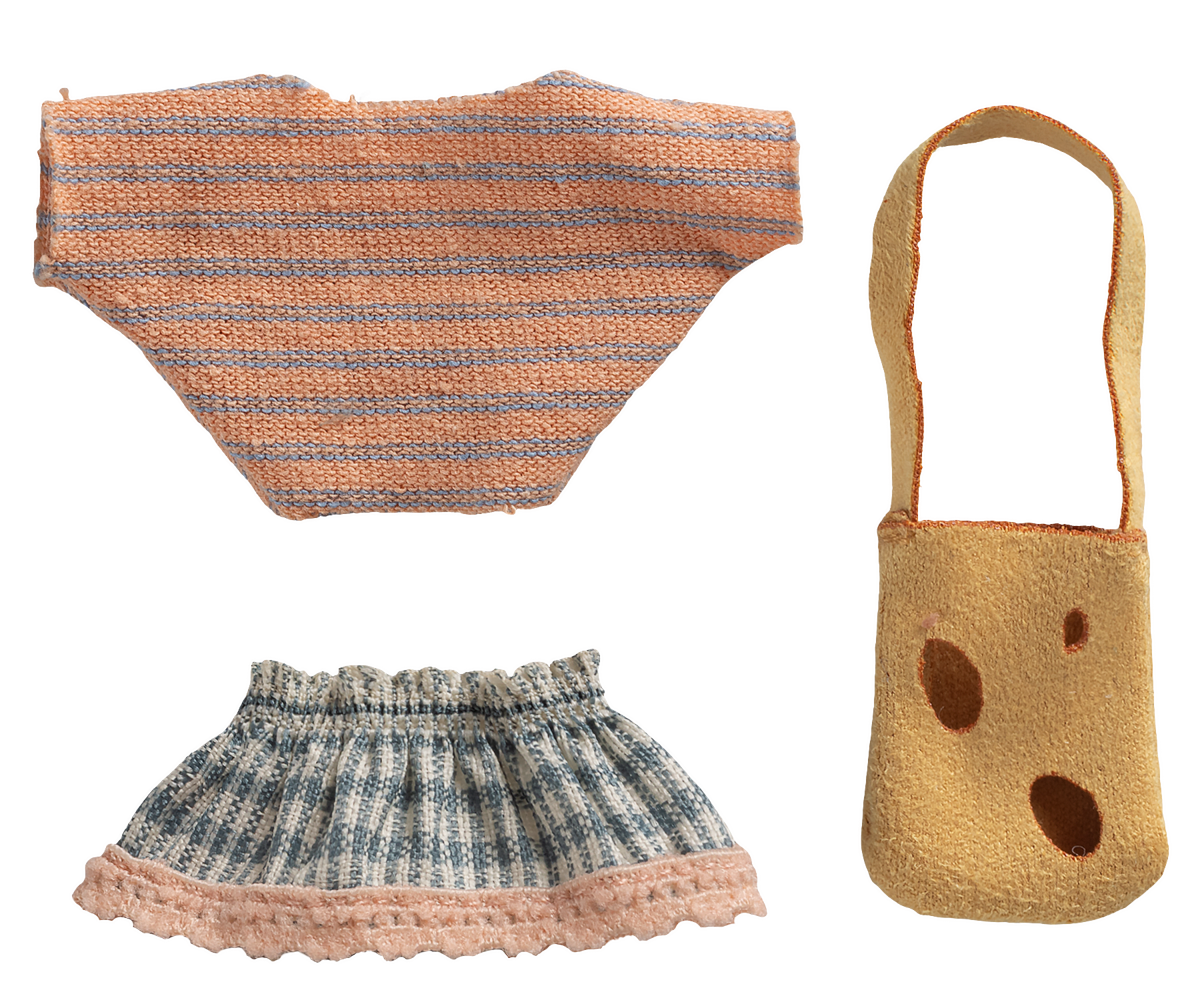Kleidungsset für die kleine Schwester-Maus von Maileg mit Oberteil, Rock und Käsetasche