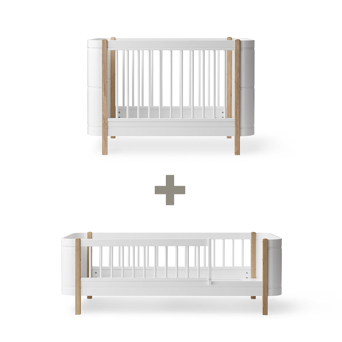 Oliver Furniture Mini+ Geschwisterset (Mini+ Babybett und Mini+ Juniorbett), weiss-Eiche und weiss