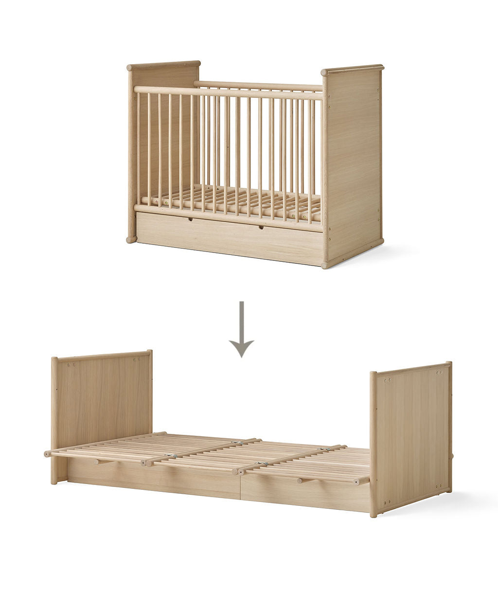Oliver Furniture Camp Novel Babybett 60x120 cm und Juniorbettaus Eiche 120x200cm.